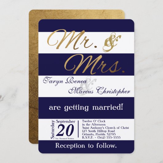 5x7 moderne streep marine bl wit bruiloft uitnodig kaart (Voorkant / Achterkant)