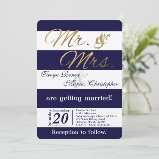 5x7 moderne streep marine bl wit bruiloft uitnodig kaart (Staand voorkant)