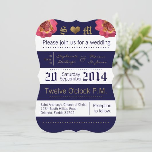 5x7 moderne streep marine bloemenbruiloft uitnodig kaart (Staand voorkant)