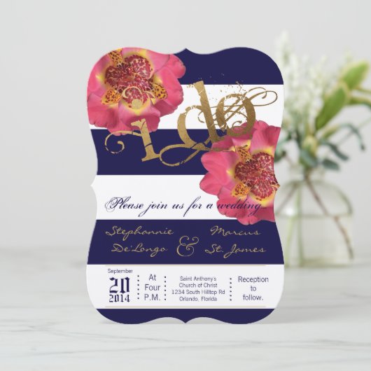 5x7 moderne streep marine bloemenbruiloft uitnodig kaart (Staand voorkant)