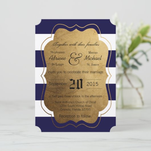 5x7 moderne streep marine witte bruiloft uitnodigi kaart (Staand voorkant)