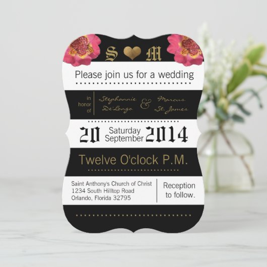 5x7 moderne streep zwart bloemenbruiloft uitnodigi kaart (Staand voorkant)