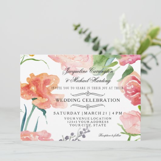 5x7 Moderne Waterverf Floral Roos Vloeiend huwelij Kaart (Staand voorkant)