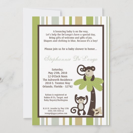 5x7 Monkey Time Zoo Animal Baby shower Invitation Kaart (Voorkant)