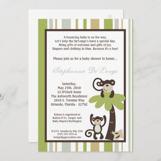 5x7 Monkey Time Zoo Animal Baby shower Invitation Kaart (Voorkant / Achterkant)