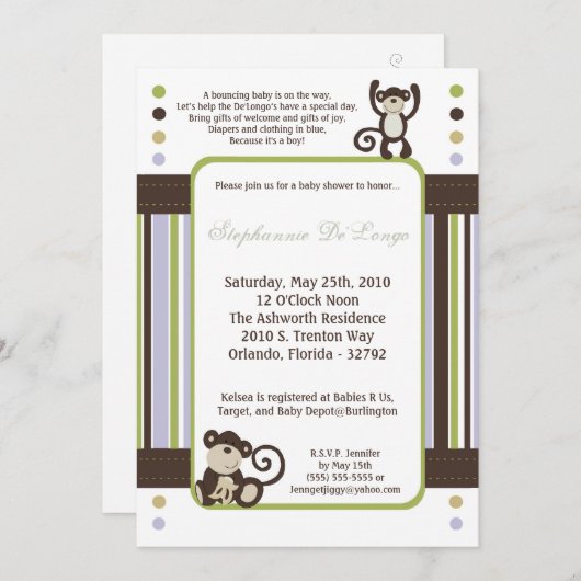 5x7 Monkey Time Zoo Animal Baby shower Invitation Kaart (Voorkant / Achterkant)