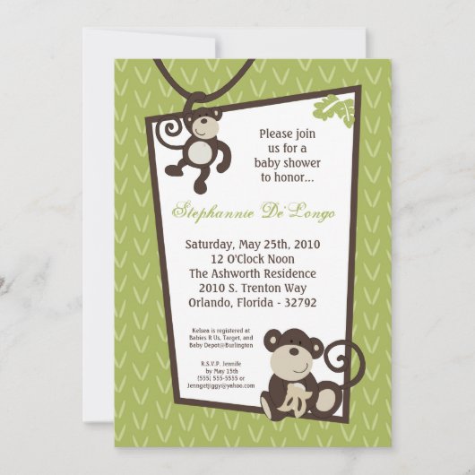 5x7 Monkey Time Zoo Animal Baby shower Invitation Kaart (Voorkant)