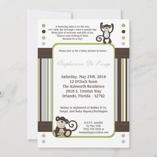 5x7 Monkey Time Zoo Animal Baby shower Invitation Kaart (Voorkant)