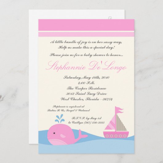 5x7 Naut Sail Boat Whale Baby shower Uitnodiging (Voorkant / Achterkant)