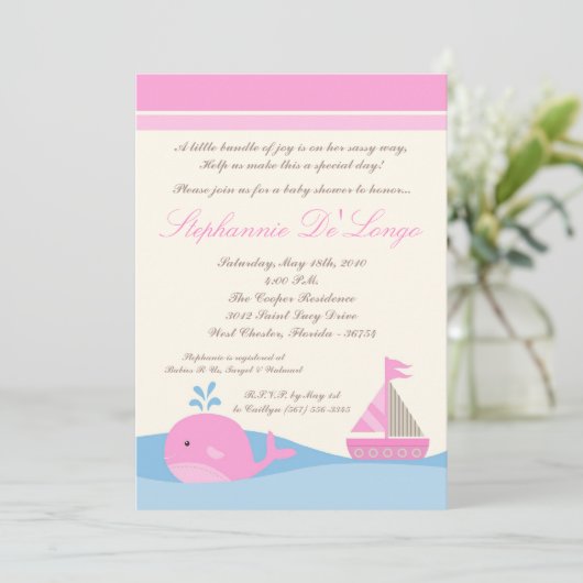 5x7 Naut Sail Boat Whale Baby shower Uitnodiging (Staand voorkant)