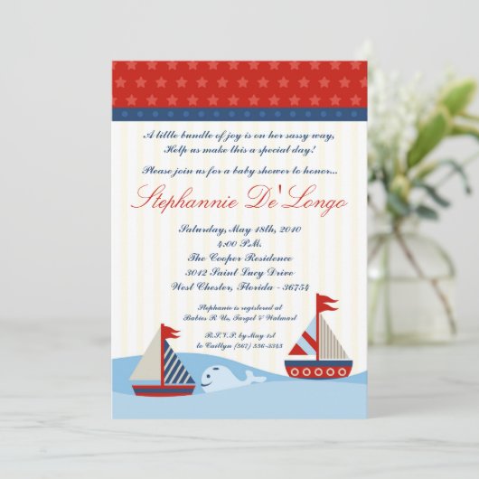 5x7 Nautical Sail Boat Whal Baby shower Invitation Kaart (Staand voorkant)