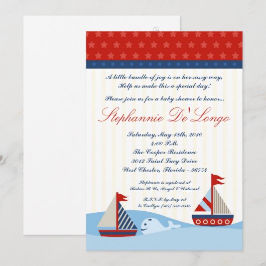 5x7 Nautical Sail Boat Whal Baby shower Invitation Kaart (Voorkant / Achterkant)