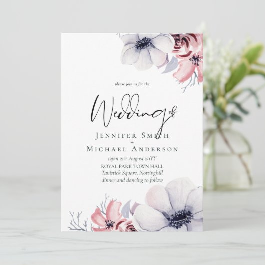 5x7 Navy Blauw Koraal Bloemig Schrijfletters Trouw (Staand voorkant)