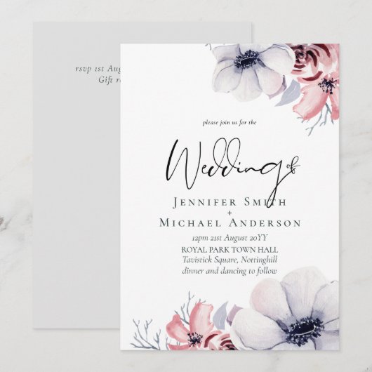 5x7 Navy Blauwe Koraal Bloem Script Trouwset (Voorkant / Achterkant)