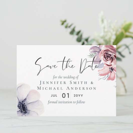 5x7 Navy Blauwe Koraal Bloemige Save the Dates (Staand voorkant)