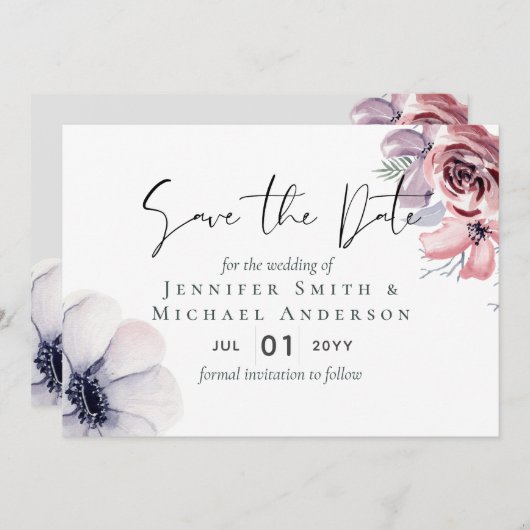 5x7 Navy Blauwe Koraal Bloemige Save the Dates (Voorkant / Achterkant)