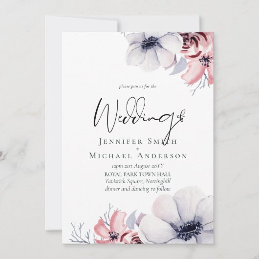 5x7 Navy Blauwe Koraal Bloemrijke Script Trouwset (Voorkant)