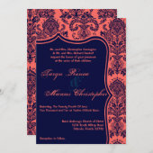 5x7 Navy Blue Coral Damask Lace Wedding Invitation Kaart (Voorkant / Achterkant)