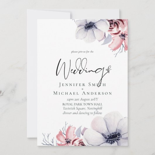 5x7 Navy Blue Coral Floral Script Weduwset (Voorkant)