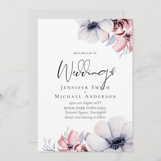 5x7 Navy Blue Coral Floral Script Weduwset (Voorkant / Achterkant)