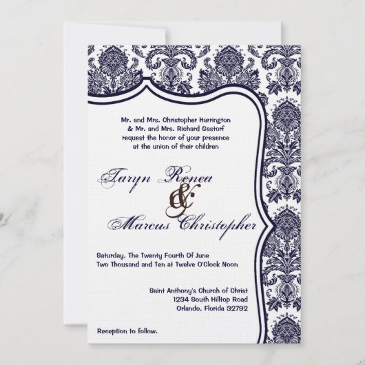 5x7 Navy Blue Damask Lace Wedding Invitation Kaart (Voorkant)