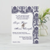 5x7 Navy Blue Damask Lace Wedding Invitation Kaart (Staand voorkant)