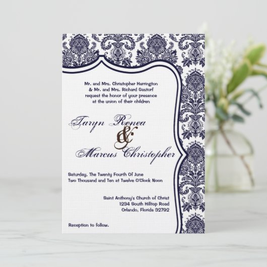 5x7 Navy Blue Damask Lace Wedding Invitation Kaart (Staand voorkant)