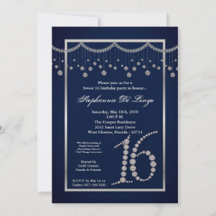 5x7 Navy Blue Diamond Sweet 16 Verjaardag Uitnodig Kaart