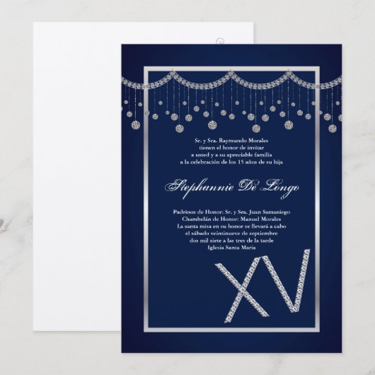 5x7 Navy Diamond Quinceanera Verjaardag Uitnodigin Kaart (Voorkant / Achterkant)