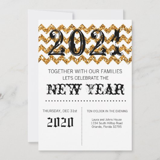 5x7 New Years Eve Uitnodiging Gouden Glitter Chevr (Voorkant)