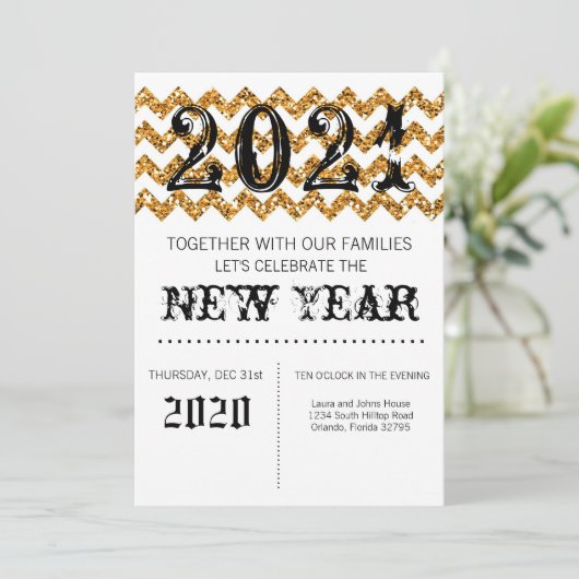 5x7 New Years Eve Uitnodiging Gouden Glitter Chevr (Staand voorkant)