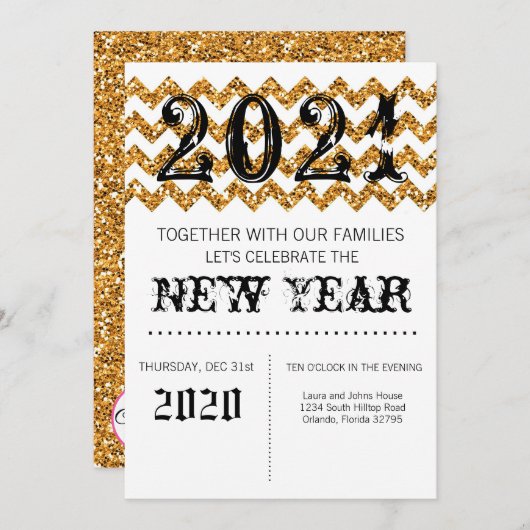 5x7 New Years Eve Uitnodiging Gouden Glitter Chevr (Voorkant / Achterkant)