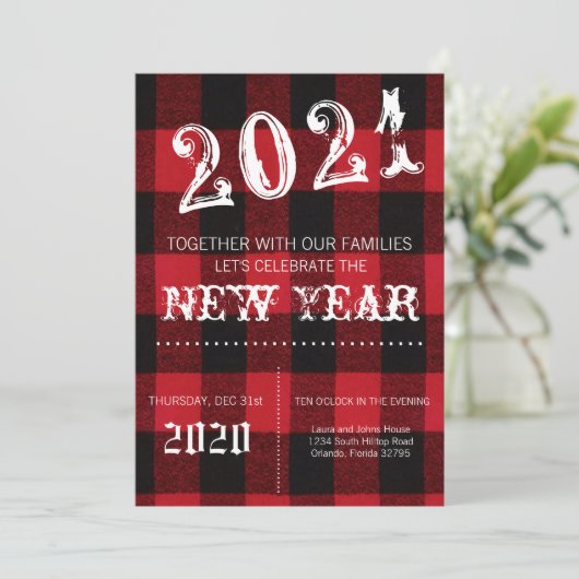 5x7 New Years Eve uitnodiging Red Buffalo Plaid (Staand voorkant)