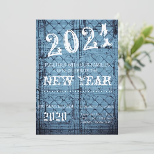 5x7 New Years Eve Uitnodiging Rustiek Tin Panel CE (Staand voorkant)