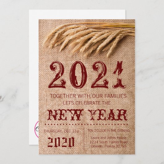 5x7 New Years Eve Uitnodiging Tarwe op Burlap Sack (Voorkant / Achterkant)