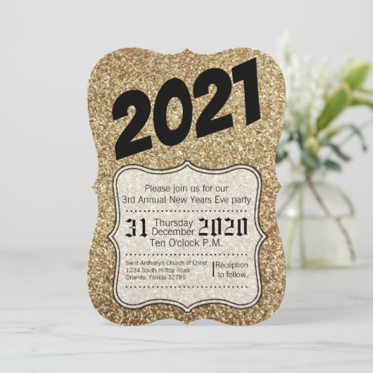 5x7 Nieuwjaar Eve Party uitnodiging Gouden Glitter (Staand voorkant)