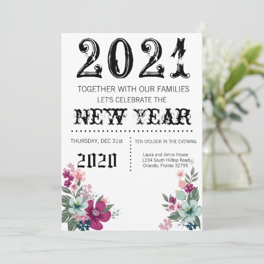 5x7 Nieuwjaarsnacht uitnodiging Tropische bloemen  (Staand voorkant)