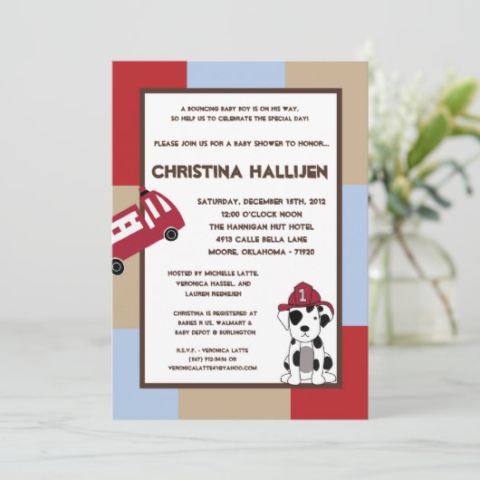 5x7 Nojo Fire Engine Baby shower Uitnodiging (Staand voorkant)