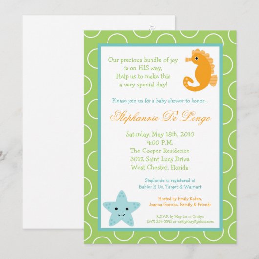5x7 Ocean Life Zee Horse Baby shower Invitation Kaart (Voorkant / Achterkant)