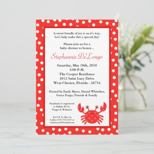 5x7 Ocean Zee Life Red Crab Baby shower Uitnodigin Kaart (Staand voorkant)
