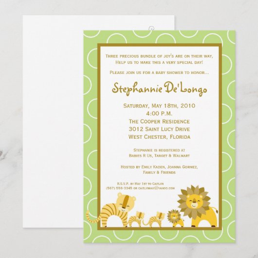 5x7 Oerwoud Boy Gir TRIPLETS Baby shower Uitnodigi Kaart (Voorkant / Achterkant)