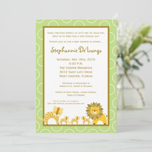 5x7 Oerwoud Girl TRIPLETS Baby shower Uitnodiging (Staand voorkant)