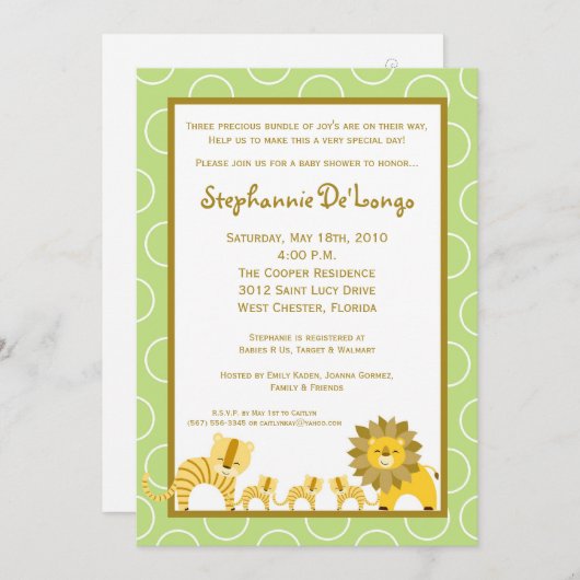 5x7 Oerwoud Girl TRIPLETS Baby shower Uitnodiging (Voorkant / Achterkant)