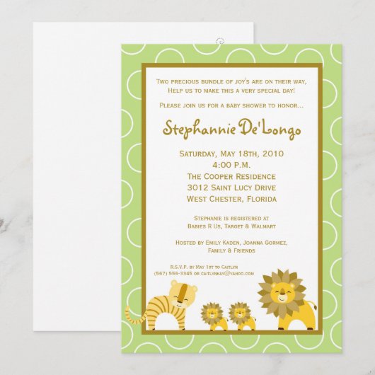 5x7 Oerwoud Lion Boy TWINS Baby shower Uitnodiging (Voorkant / Achterkant)