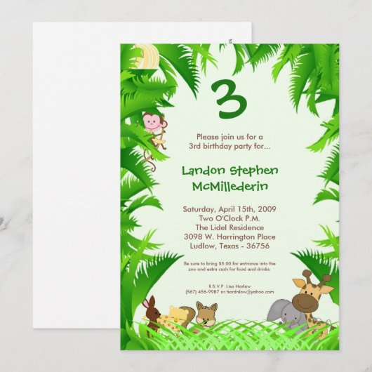 5x7 Oerwoud Safari Zoo Birthday Party Invitation Kaart (Voorkant / Achterkant)