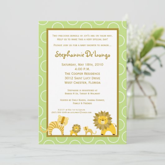5x7 Oerwoud Tiger Lion TWINS Baby shower Uitnodigi Kaart (Staand voorkant)