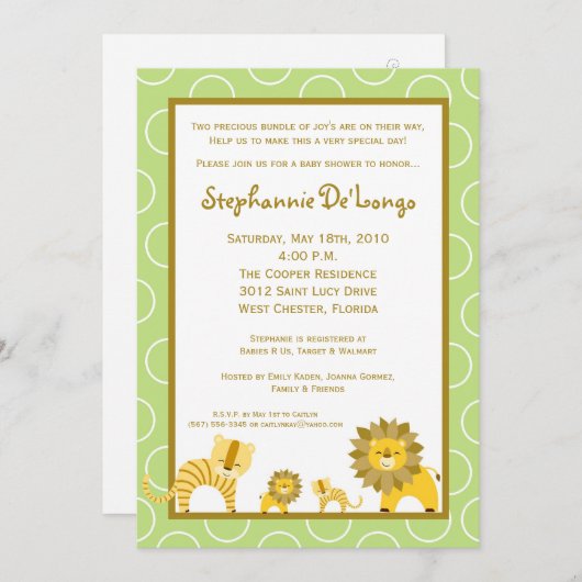 5x7 Oerwoud Tiger Lion TWINS Baby shower Uitnodigi Kaart (Voorkant / Achterkant)