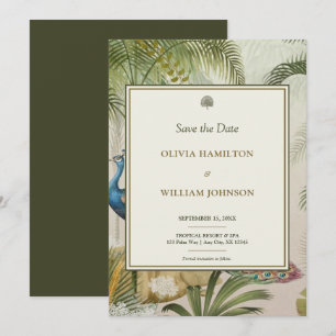 5x7 Olijfgroen Tropische Pauw Palm Wedding Save The Date