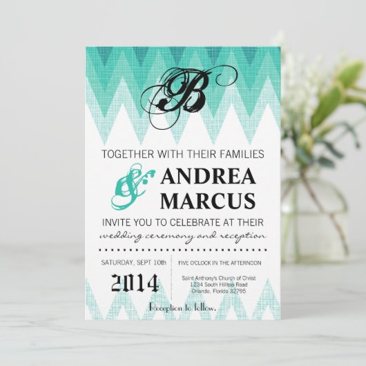 5x7 Ombre Chevron Blauwgroen bruiloft uitnodiging (Staand voorkant)