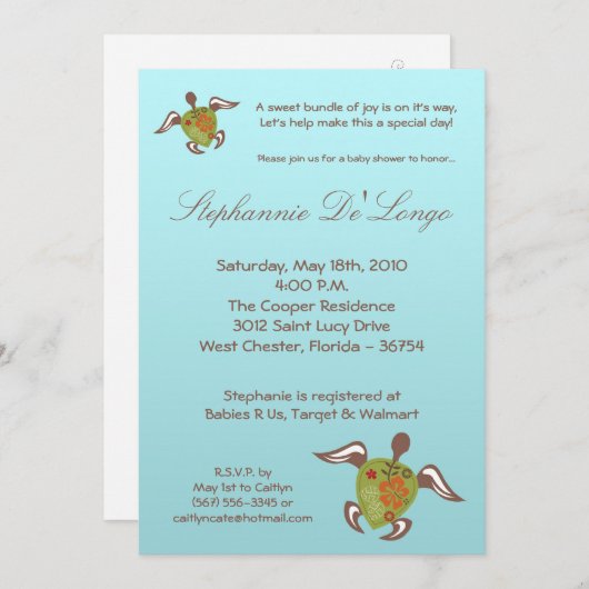 5x7 onder Zee Turtle Baby shower Invitation Kaart (Voorkant / Achterkant)